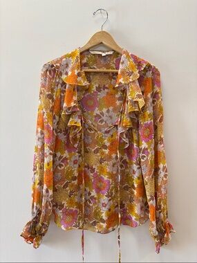 Veronica Beard Floral Ruffle Tie Blouse - Pink, Orange & Brown